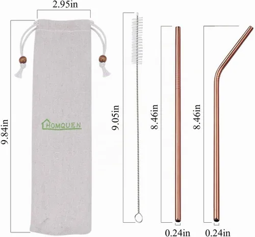 Vista 2 de 18 popotes de acero inoxidable de cobre, popotes reutilizables de oro rosa de 8.5 pulgadas, con bolsa portátil (8 rectos/8 doblados/2 cepillos)
