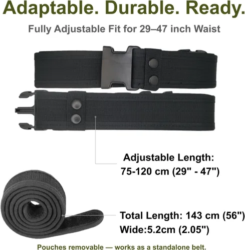 Vista 3 de Cinturón táctico utilitario, cinturón de servicio 10 en 1 con 9 bolsillos modulares, nailon 600D resistente, hebilla de liberación rápida, ajustable