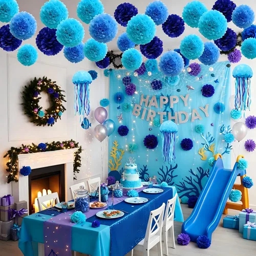 Vista 3 de 12 pompones de papel de seda azules para colgar, pompones de flores para decoración de fiesta de techo