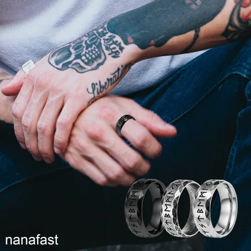Vista 4 de Nanafast Anillos vikingos para hombres, mujeres, platanegrovintage, anillos nórdicos de acero inoxidable para hombres, anillos vikingos runas