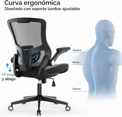 Vista 4 de Silla de oficina ergonómica de escritorio de 350 libras, cómoda silla de computadora de malla con soporte lumbar ajustable, reposabrazos abatibles