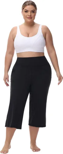 Vista 5 de Rosemmetti Pantalones capri de yoga para mujer, talla grande, con control de abdomen, acampanados, pantalones de entrenamiento con bolsillos