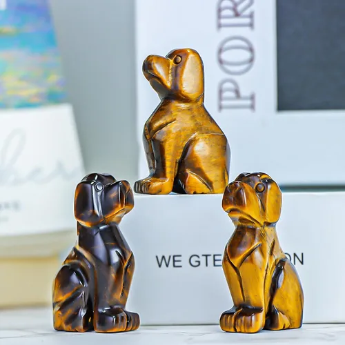 Vista 6 de Artistone Estatua de perro de ojo de tigre amarillo de 2 pulgadas, piedra preciosa tallada, animales curativos, escultura de cachorro de la suerte