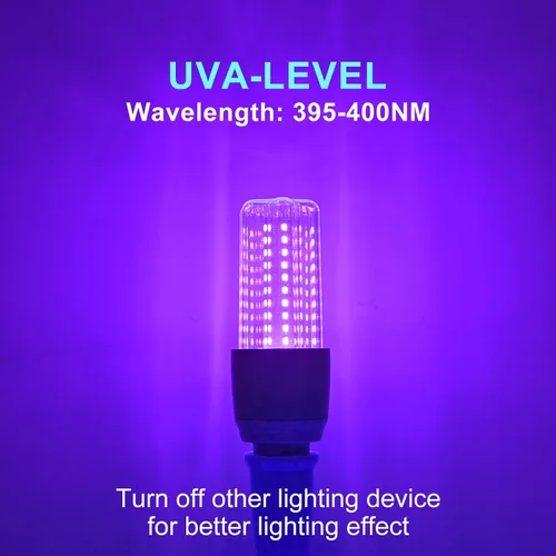 Vista 3 de Kapata Bombilla LED UV negra de 15 W, ahorro de energía, luces negras UV, nivel UVA 395-400 nm, brilla en la oscuridad, equivalente a luz