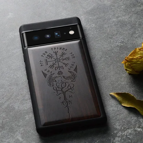 Vista 5 de Carveit Funda de madera para Pixel 6 Pro [madera real y TPU suave] a prueba de golpes, híbrida, cubierta de madera única y elegante compatible
