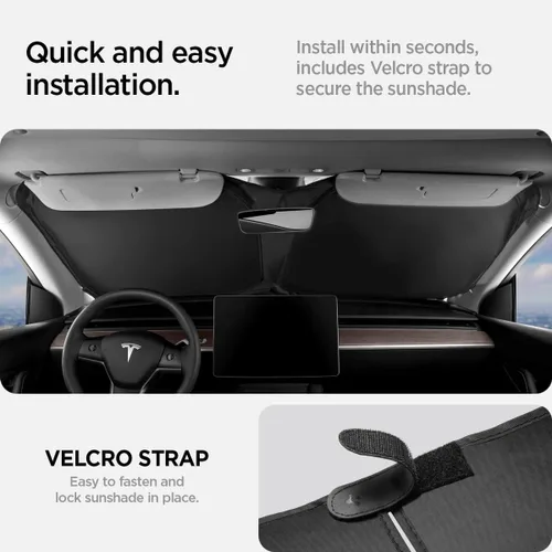Vista 3 de Spigen Parasol para parabrisas delantero para todos los modelos Tesla Y y 3 Protección de doble capa Accesorios de coche para el modelo Y Juniper