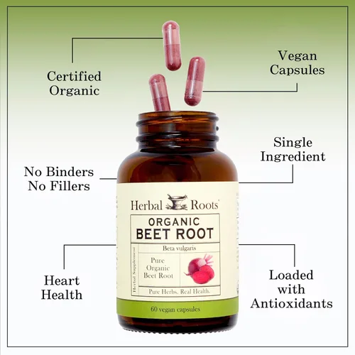 Vista 4 de Herbal Roots Cápsulas de polvo de raíz de remolacha orgánica, 1,500 mg por porción, certificado USDA orgánico, sin OMG, 60 cápsulas veganas