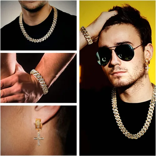 Vista 7 de HH BLING EMPIRE Juego de collar y pulsera de eslabones cubanos de oro y plata para hombre, joyería de hip hop para hombres y niños
