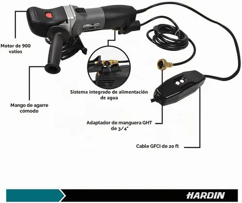 Vista 2 de Hardin VS5-5" Pulidora húmeda de velocidad variable - 800W 120V, 1000–4500 RPM, sistema de alimentación de agua con válvula de latón, cable GFCI