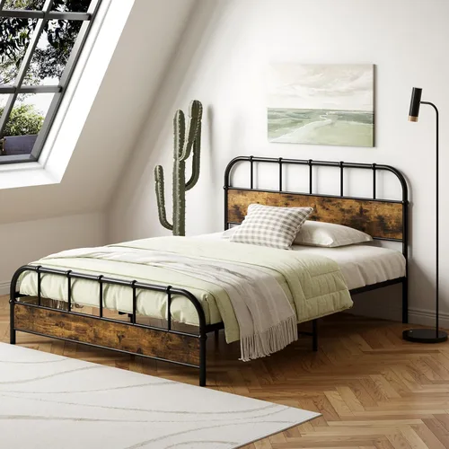Vista 4 de Giantex Base de cama de metal tamaño Queen con cabecera de madera, base de cama de plataforma industrial con listones de metal resistente, base