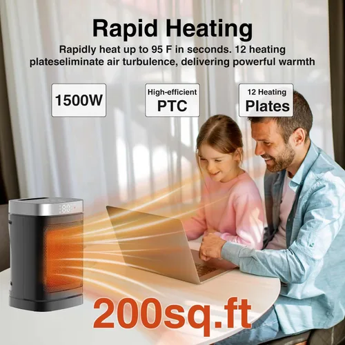 Vista 5 de Calentador de espacio, calentador de cerámica PTC portátil para uso en interiores, temporizador de 1 a 12 horas, control remoto, oscilación de 70°