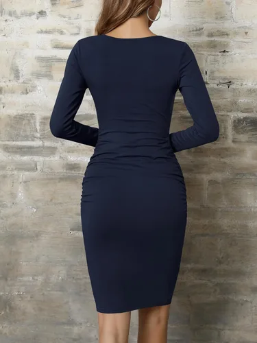 Vista 5 de Missufe - Vestido casual ajustado de manga larga para mujer, fruncido, vestido de verano, hasta la rodilla, ajustado, tipo bodycon