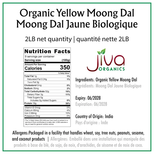 Vista 2 de Jiva Moong Dal amarillo orgánico, 2 libras, sin OMG, sin gluten, ideal para Kitchari, frijoles mungos amarillos partidos