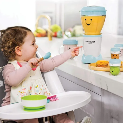 Vista 3 de NutriBullet NBY-50100 Sistema completo de fabricación de alimentos para bebés, 32 onzas, blanco, azul, transparente