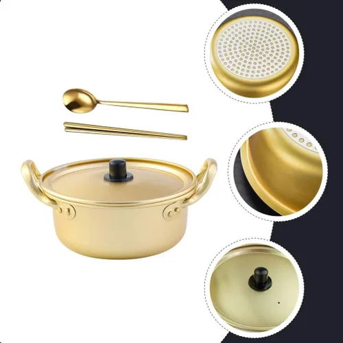 Vista 7 de Housoutil Olla ramen 1 juego de olla de ramen coreano con tapa, cuchara, palillos tradicionales de aluminio instantáneo Ramyun para el hogar