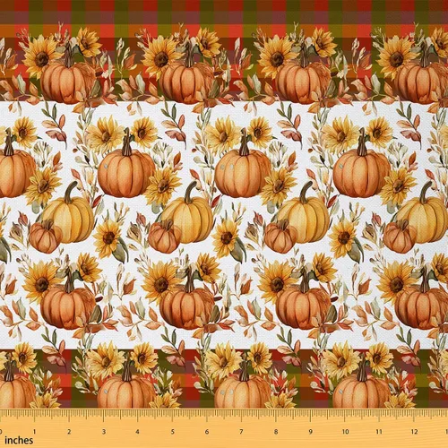 Vista 25 de The Yard - Tela con texto en inglés «Hello Fall», 36 pulgadas de largo x 59 pulgadas de ancho, hojas de árbol de calabaza otoñal, tela de tapicería
