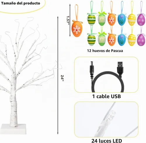 Vista 2 de Árbol de abedul iluminado de Pascua de 24 pulgadas con 12 adornos, LED blanco cálido, árbol artificial de mesa, 8 modos de iluminación USB