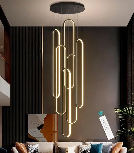 Vista 10 de Lámpara de Araña de Anillo Moderna LED Regulable Luz de Techo para Isla de Cocina Sala de Estar Escaleras Comedor Negro