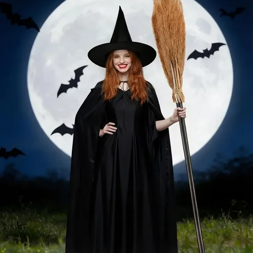 Vista 7 de Jetec Juego de sombrero de escoba de bruja de Halloween, sombrero negro con escoba de 39.4 pulgadas, bruja maga realista para fiesta de Halloween
