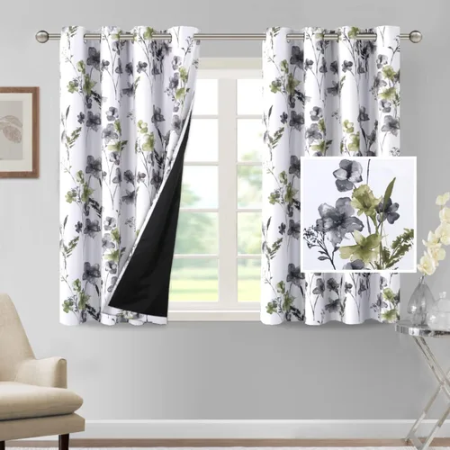 Vista 77 de H.VERSAILTEX - Cortinas 100% blackout con estampado floral de cattleyas, 45 pulgadas de largo, juego de 2 paneles térmicos con forro negro, a prueba