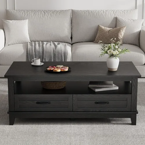 Vista 3 de GarveeHome - Mesa de café de estilo granja con cajones, mesa de centro rústica de 47.2 pulgadas, mesa de sala de estar negra, con estante abierto