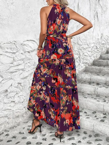 Vista 2 de WDIRARA Vestido largo sin mangas con estampado floral y dobladillo con volantes, acampanado, para verano