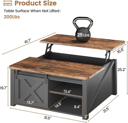 Vista 2 de SEDETA Mesa de Centro con Tapa Elevable de 31.5" con Almacenamiento, Mesas de Centro Cuadradas para Sala de Estar, Mesa de Centro Estilo Granja