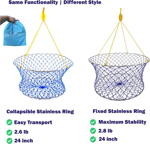 Vista 9 de Stainless Collapsible Crab Net with 100ft Rope, Bait Bag, Clip & Ruler – 6 Pieces Portable Crab Trap for Easy Storage – Durable Grid Design for Dock