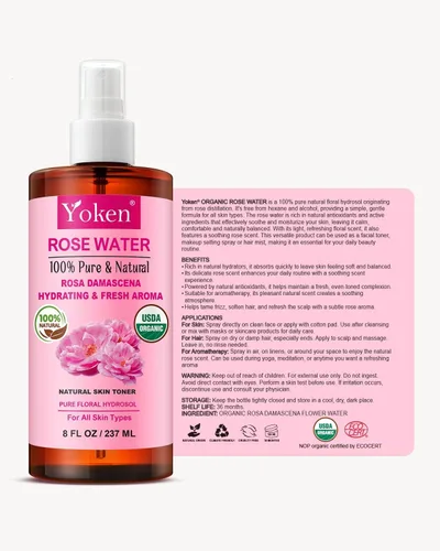 Vista 7 de Yoken Spray de agua de rosas orgánica de 8 onzas, niebla facial orgánica USDA, sin alcohol