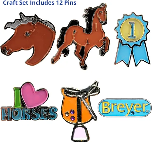 Vista 2 de Breyer Horses Paint and Wear Juego de manualidades de alfileres esmaltados, pines, pinturas, purpurina y diamantes de imitación, incluye 12