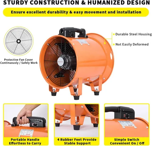 Vista 5 de Soplador utilitario de 8 pulgadas, ventilador de alta velocidad con manguera de conducto, ventilador portátil de bajo ruido, extractor de humos