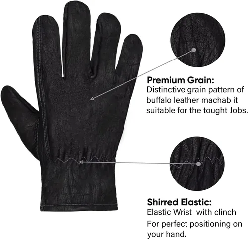 Vista 3 de Guantes de cuero de búfalo premium, guantes de trabajo sin forro (negro)