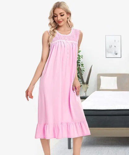 Vista 6 de IZZY + TOBY Camisones de algodón ligero para mujer, camisón de algodón sin mangas, camisón de media pantorrilla para mujer