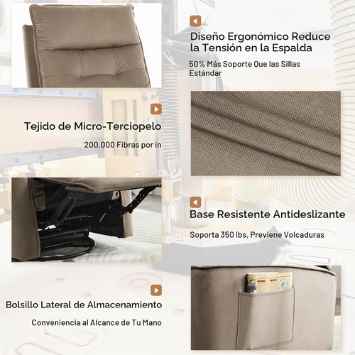 Vista 6 de Silla reclinable basculante giratoria para adultos, silla mecedora Silla reclinable balancín pequeña para espacios pequeños, RV, sala de estar