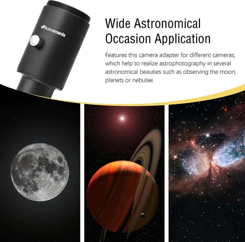 Vista 7 de Astromania Adaptador de foto para telescopio, adaptador de cámara fija de 1.25 pulgadas, accesorios de telescopio de metal para enfoque principal