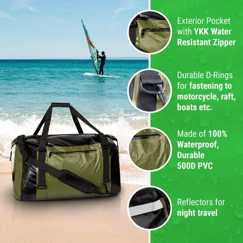 Vista 4 de Bolsa de lona impermeable de 60 litros extra grande Bolsa de lona seca resistente con correas de compresión duraderas y asas para surf, remo