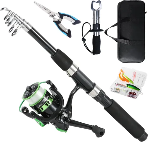 Vista 10 de Tripquips Caña de pescar, caña de pescar telescópica de 6.9 pies y carrete combinado con alicates de pesca y agarre de labios equipo de pesca