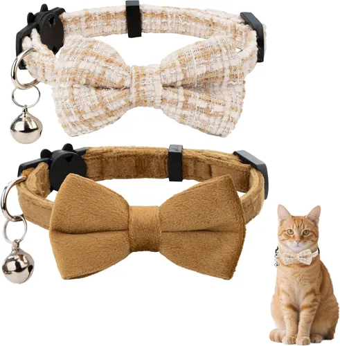 Vista 15 de Collar de gato con campana para niño y niña, pajarita de seguridad, a cuadros, color sólido, conjunto de regalo, lindo festivo, [2 piezas], verde