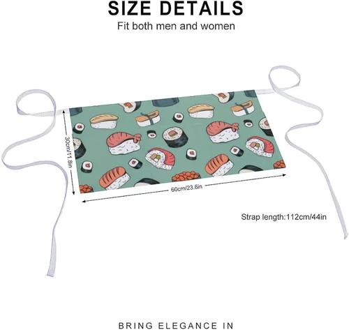 Vista 2 de Delantal japonés de media cintura con patrón de sushi Kawaii con 3 bolsillos para restaurante con correa larga, delantales a juego para mujeres