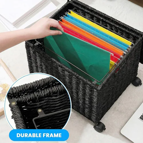 Vista 5 de Cinnvoice Archivador decorativo con ruedas de 14 x 12 x 11.5 pulgadas, organizador de mimbre para cartas y tamaño legal, cesta colgante tejida a