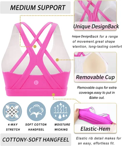 Vista 4 de RUNNING GIRL Brasier deportivo para mujer, soporte medio-alto con tirantes cruzados en la espalda con relleno, sujetadores deportivos de apoyo