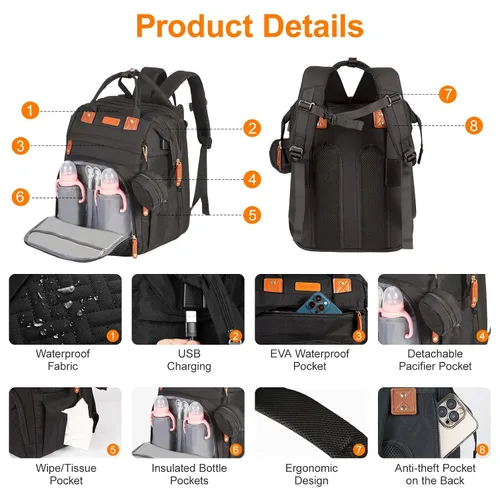 Vista 3 de Mochila para pañales, con mochila para cambiador, tela Oxford 900D, mochila para pañales de gran capacidad, mochila multifuncional 3 en 1 para Negro