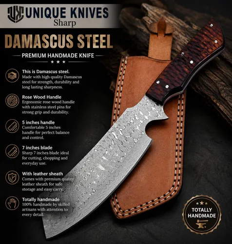 Vista 2 de CP-500 Cuchillo de acero de Damasco hecho a mano de 12.00 pulgadas de acero de Damasco - Hermoso mango de madera de rosa.