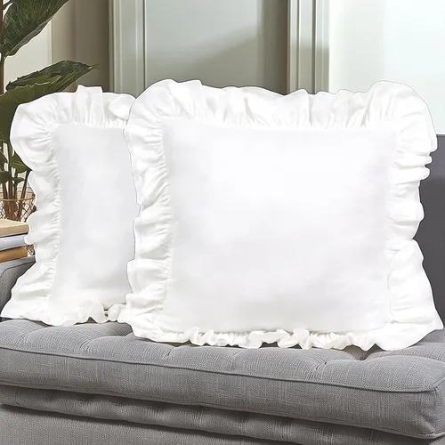 Vista 7 de Lemfux Juego de 2 fundas de almohada con volantes, fundas de almohada decorativas de algodón lavado, fundas de cojín sólidas desgastadas y elegantes