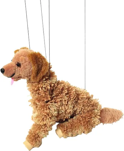 Vista 2 de Artisan Owl Golden Retriever Marionette Puppet - Perro de hilo con patas de madera, cuerdas desmontables (marrón)