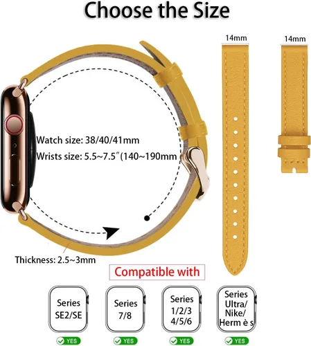 Vista 2 de Slim Leather Bands Compatible with Apple Watch 38mm 40mm 41mm 42mm 44mm 45mm 49mm Replacement Genuine Leather Strap for iWatch Series Thin Watch