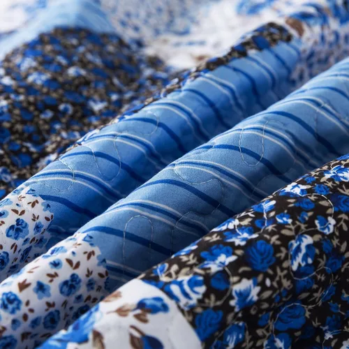 Vista 7 de Juego de cama de dos piezas, tamaño individual, de microfibra, reversible, de retazos, estilo floral, todas las estaciones, patrón de porcelana azul
