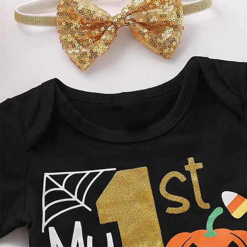Vista 3 de Zapatos de bebé para niñas pequeñas, manga corta, estampado de calabaza, falda con diadema, traje para niñas de 0 a 24 años de verano