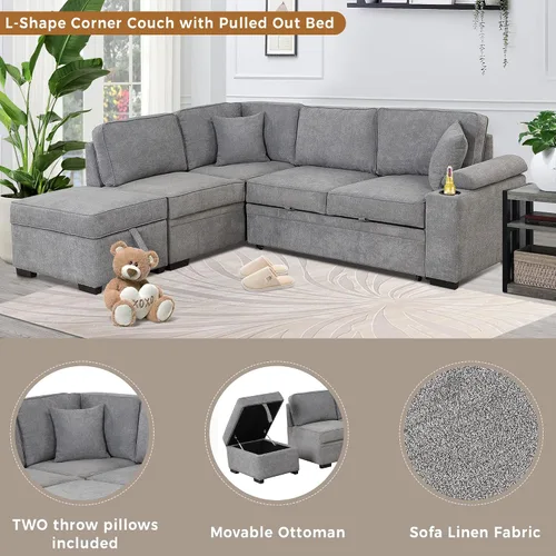 Vista 3 de Merax Sofá cama de 87.4 pulgadas, sofá cama extraíble 2 en 1, sofá cama en forma de L con otomana de almacenamiento para sala de estar, sofá