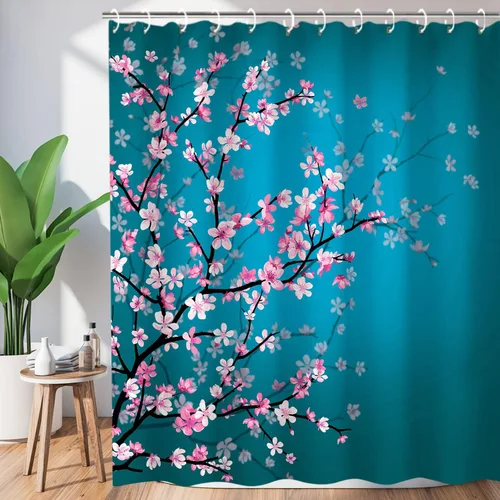 Vista 9 de LIVILAN Cortina de ducha con flores rosas y grises, cortinas de ducha florales de acuarela con ganchos, tela blanca y gris, decoración de baño